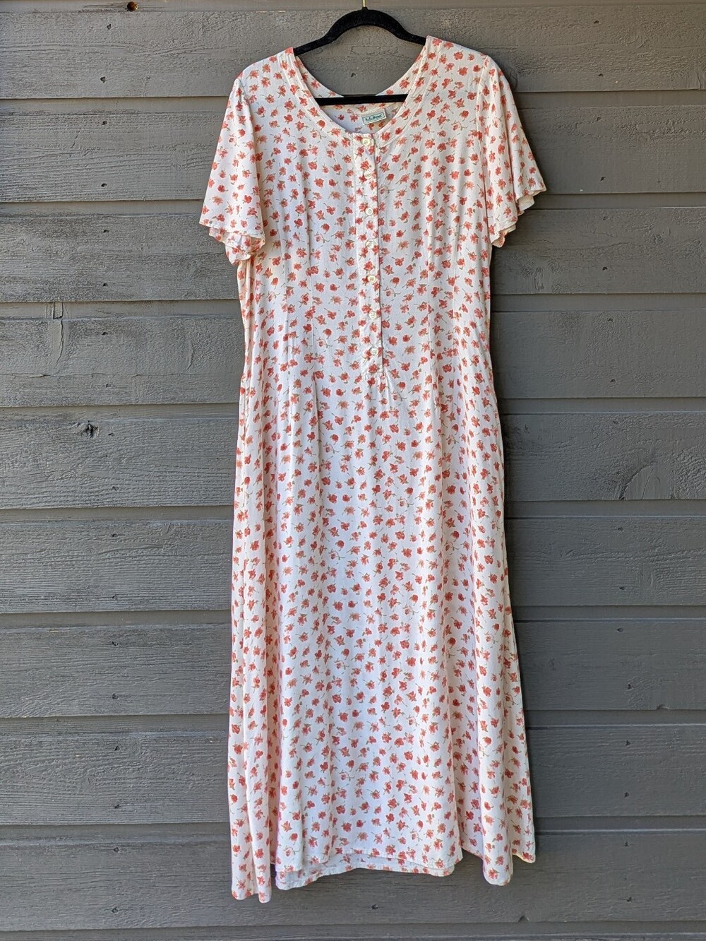 VTG 80s L.L. Bean Cream Pink Peach Floral Short-Sleeve Maxi Dress Size 16
